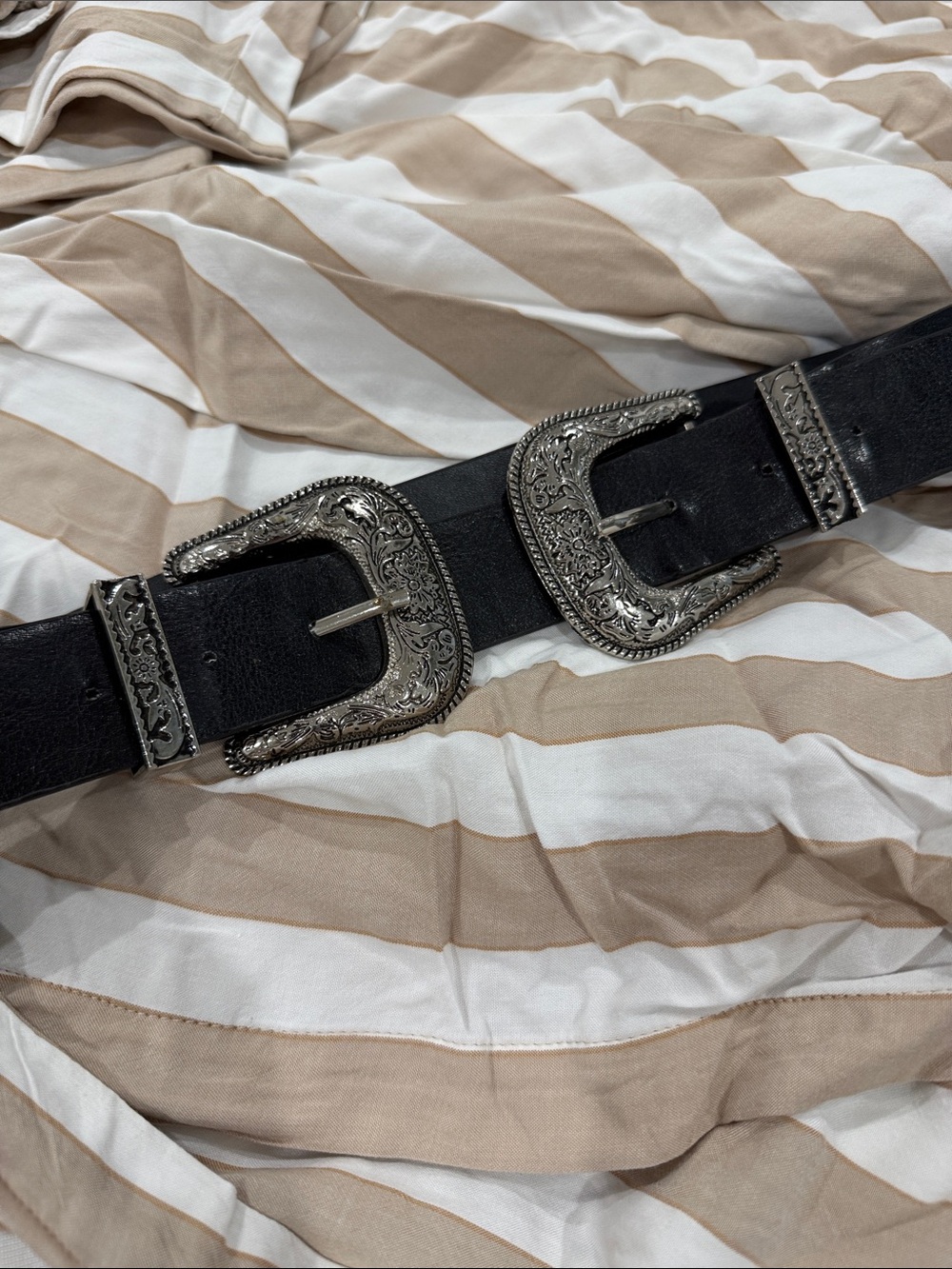 Urban Outfitters Black Double Western Buckle Belt with Silver Hardware